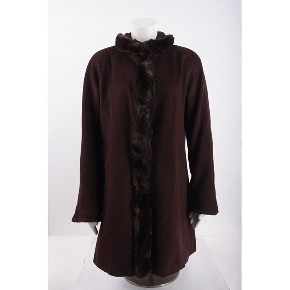 Ellen Tracy Womens Wool Coat Overcoat Mid length Brown Faux Fur Trim Sz US 4 - Picture 1 of 6